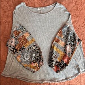Waffle Knit Floral Pattern Long Sleeve Top
